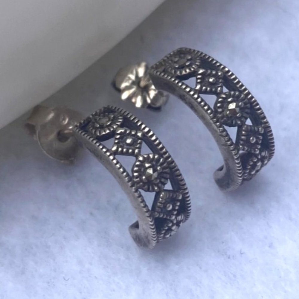 Sterling Silver Marcasite Half Hoop Earrings Posts Filigree Delicate Sparkly
